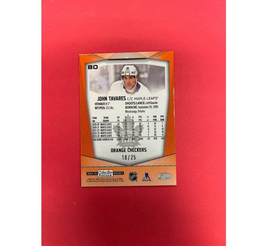 2024-25 OPC PLATINUM JOHN TAVARES ORANGE CHECKERS /25