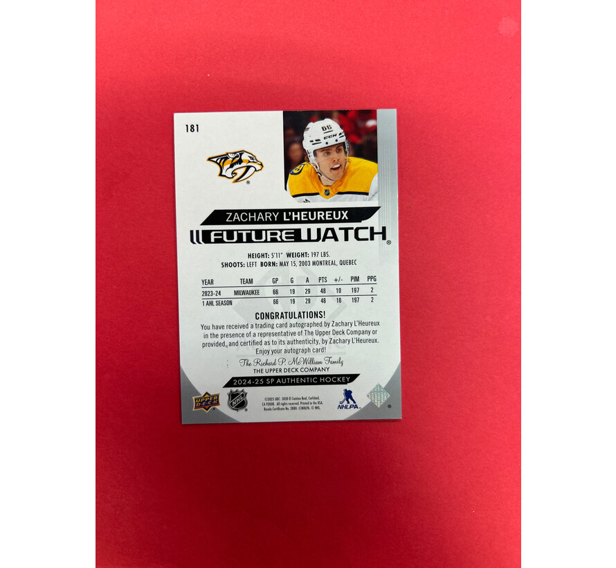 2024-25 SP AUTHENTIC ZACHARY L'HEUREUX FUTURE WATCH AUTOGRAPH HORIZONTAL /599