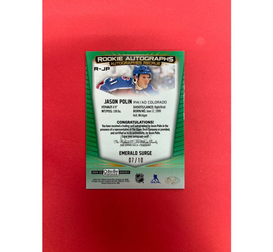 2024-25 O-PEE-CHEE PLATINUM JASON POLIN EMERALD SURGE ROOKIE AUTOGRAPH /10