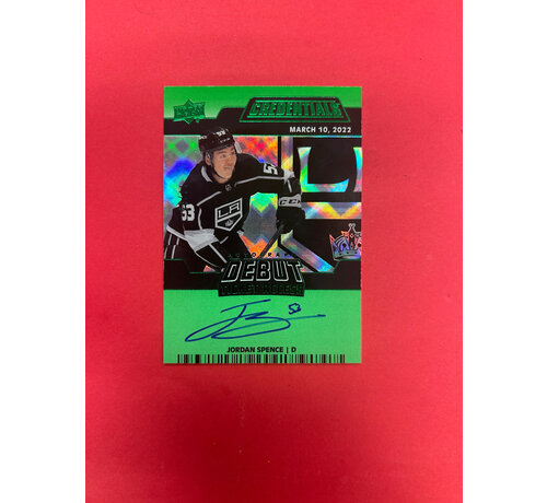 UPPER DECK 2022-23 UPPER DECK CREDENTIALS JORDAN SPENCE DEBUT TICKET ACCESS AUTOGRAPH GREEN /25