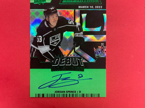 UPPER DECK 2022-23 UPPER DECK CREDENTIALS JORDAN SPENCE DEBUT TICKET ACCESS AUTOGRAPH GREEN /25