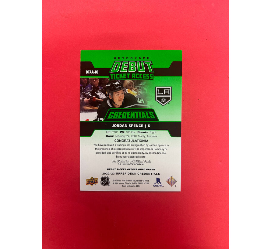 2022-23 UPPER DECK CREDENTIALS JORDAN SPENCE DEBUT TICKET ACCESS AUTOGRAPH GREEN /25