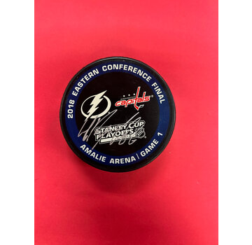 NIKITA KUCHEROV AUTOGRAPHED 2018 EASTERN CONFERENCE FINALS WARM UP PUCK LIGHTNING COA