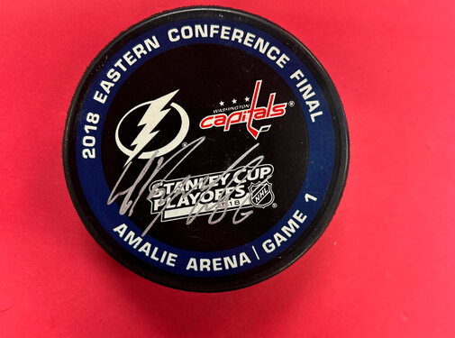NIKITA KUCHEROV AUTOGRAPHED 2018 EASTERN CONFERENCE FINALS WARM UP PUCK LIGHTNING COA