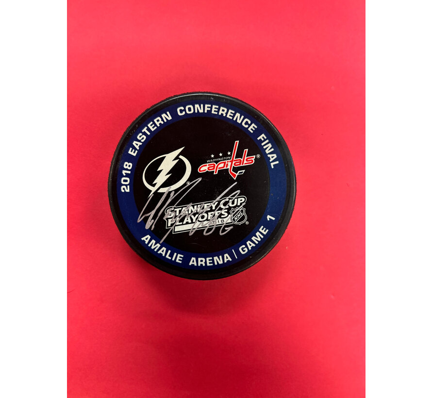 NIKITA KUCHEROV AUTOGRAPHED 2018 EASTERN CONFERENCE FINALS WARM UP PUCK LIGHTNING COA