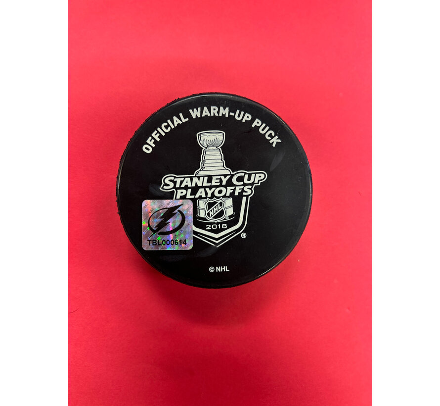 NIKITA KUCHEROV AUTOGRAPHED 2018 EASTERN CONFERENCE FINALS WARM UP PUCK LIGHTNING COA