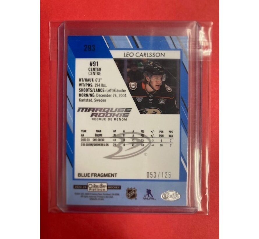 2023-24 OPC PLATINUM MARQUEE ROOKIE BLUE FRAGMENT LEO CARLSSON 053/125 #293