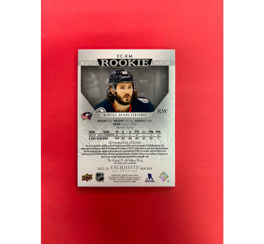 2022-23 UPPER DECK EXQUISITE COLLECTION KIRILL MARKCHENKO ROOKIE AUTO PATCH /86