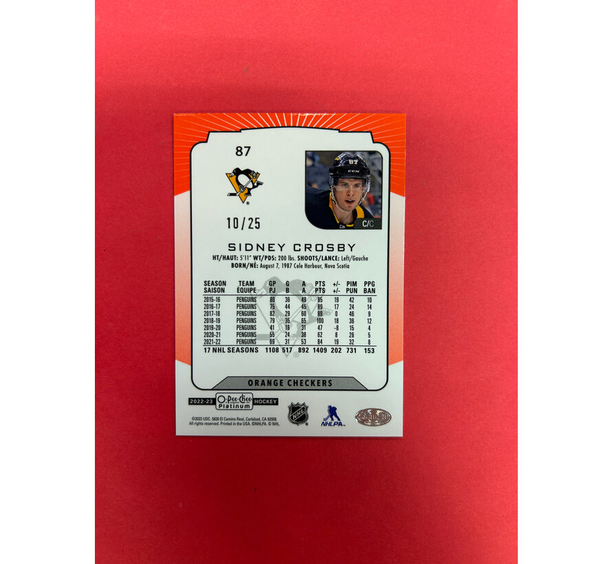 2022-23 O-PEE-CHEE PLATINUM SIDNEY CROSBY ORANGE CHECKERS /25