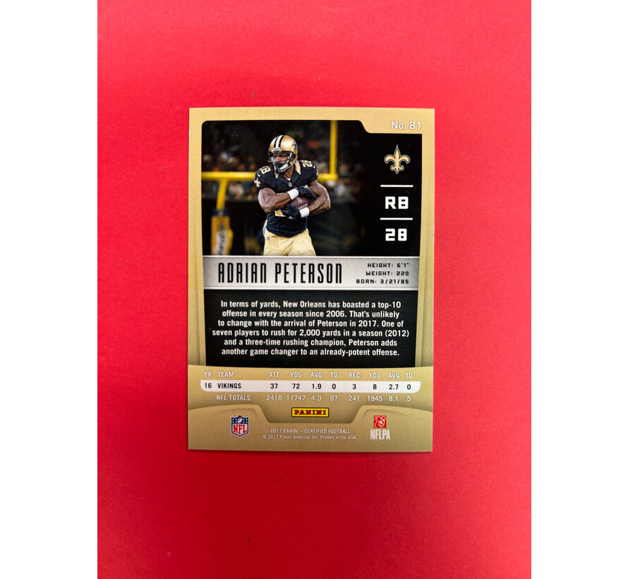 2017 PANINI CERTIFIED ADRIAN PETERSON GOLD 25/25