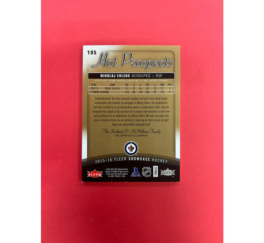 2015-16 FLEER HOT PROSPECTS NIKOLAJ EHLERS HOT PROSPECTS AUTO PATCH /299