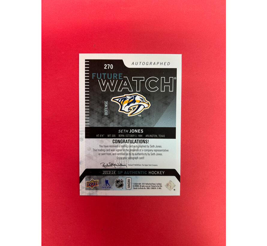 2013-14 SP AUTHENTIC SETH JONES FUTURE WATCH AUTOGRAPH /999
