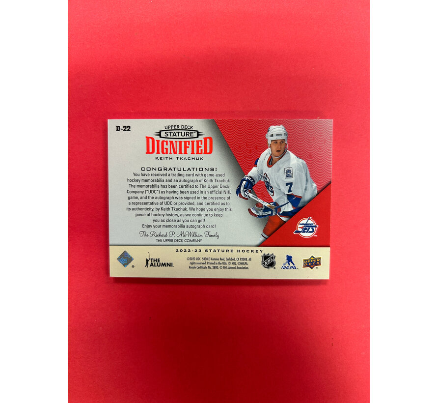 2022-23 UPPER DECK STATURE KEITH TKACHUK DIGNIFIED GAME USED GLOVE PATCH AUTO RED /3