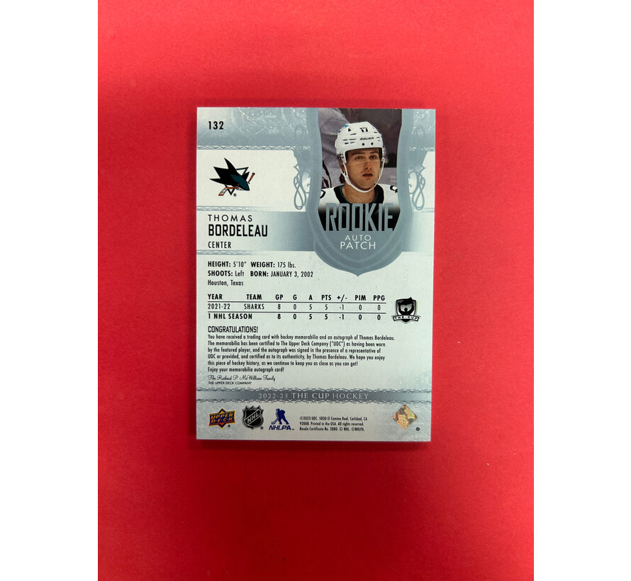 2022-23 UPPER DECK THE CUP THOMAS BORDELEAU ROOKIE PATCH AUTO /249 INSANE PATCH