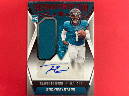 PANINI 2021 PANINI ROOKIES AND STARS TRAVIS ETIENNE JR FRESHMAN ORIENTATION PATCH AUTO /99