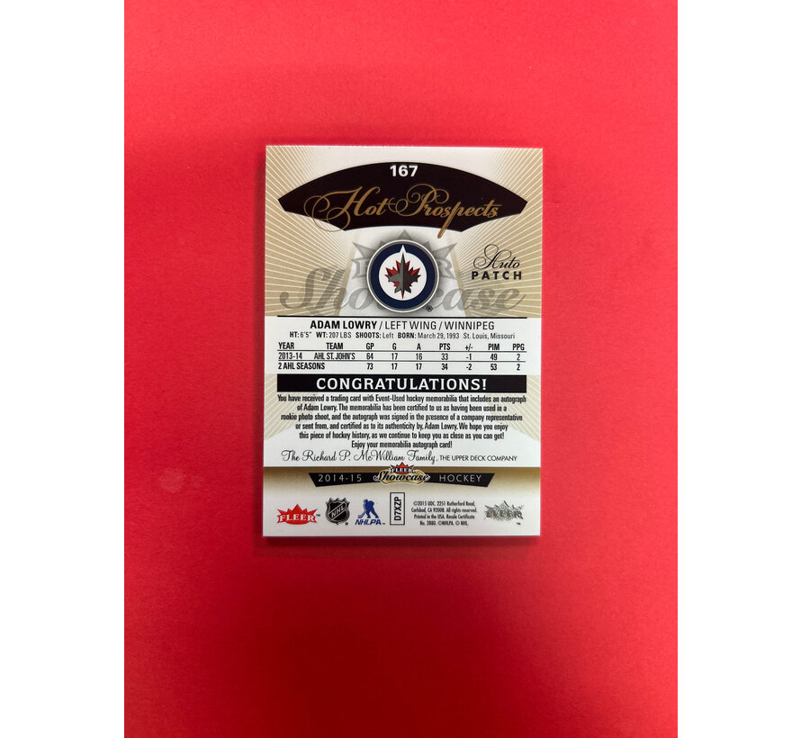 2014-15 FLEER SHOWCASE ADAM LOWRY HOT PROSPECTS AUTO PATCH /375