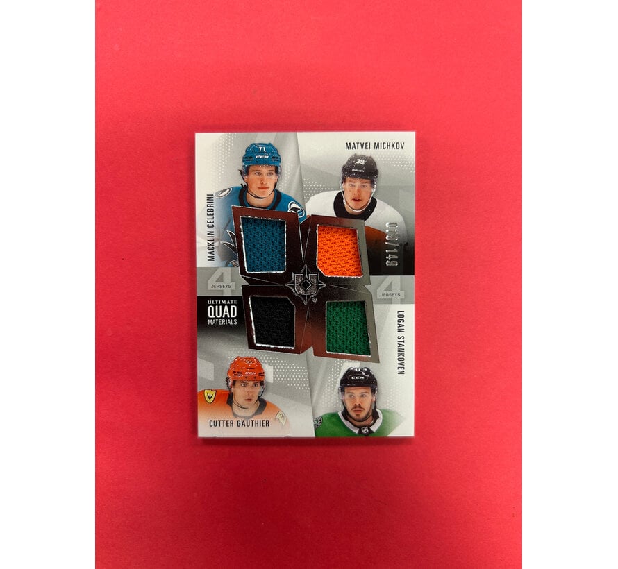 2024-25 UPPER DECK PREMIER QUAD MATERIALS ROOKIE CLASS CELEBRINI/MICHKOV/GAUTHIER/STANKOVEN /149