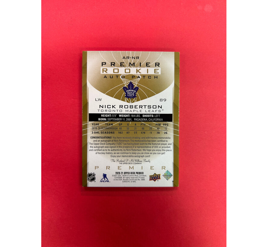2020-21 UPPER DECK PREMIER NICK ROBERTSON PREMIER AUTO PATCH GOLD /35