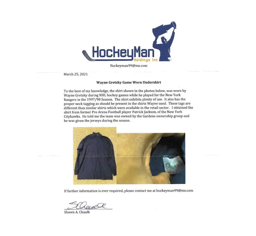 WAYNE GRETZKY GAME WORN UNDERSHIRT 1997-98 RANGERS NHL WITH SHAWN CHAULK LOA