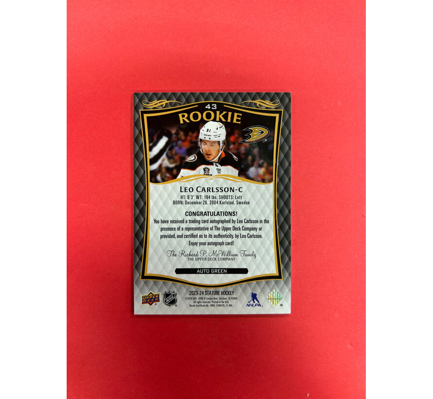 2023-24 UPPER DECK STATURE LEO CARLSSON ROOKIE AUTO /199