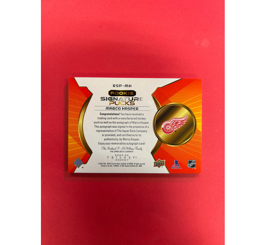 2023-24 UPPER DECK TRILOGY MARCO KASPER ROOKIE SIGNATURE PUCKS
