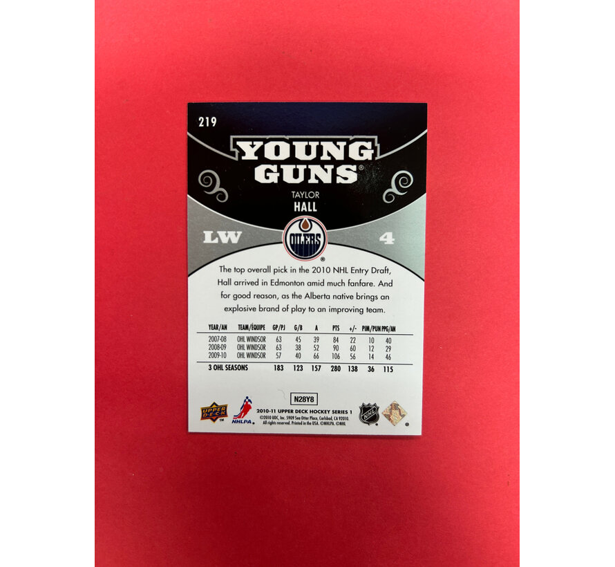 2010-11 UPPER DECK SERIES 1 TAYLOR HALL YOUNG GUNS AUTOGRAPHED IN PERSON