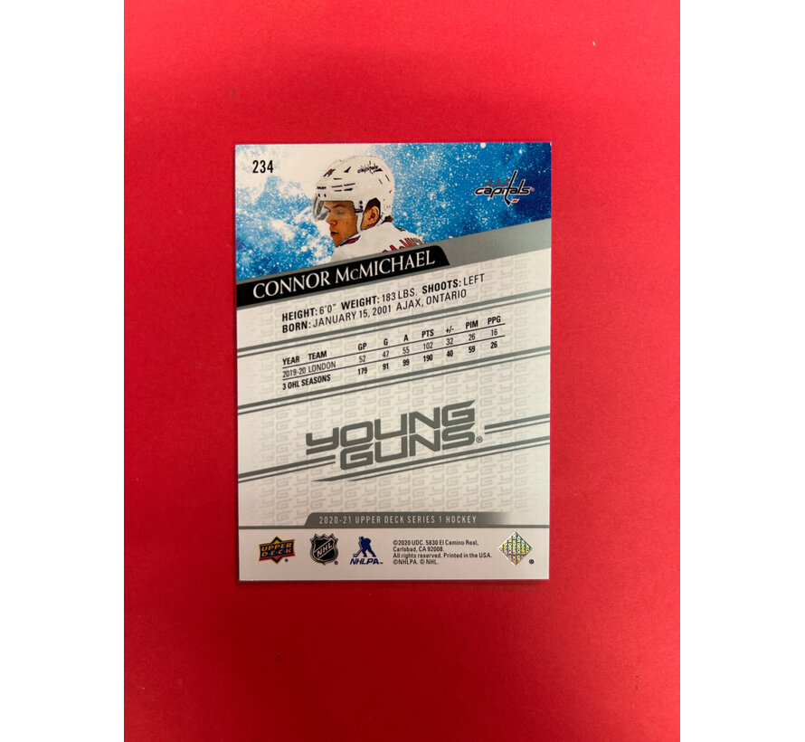 2020-21 UPPER DECK SERIES 1 CONNOR MCMICHAEL YOUNG GUNS AUTOGRAPHED IN PERSON