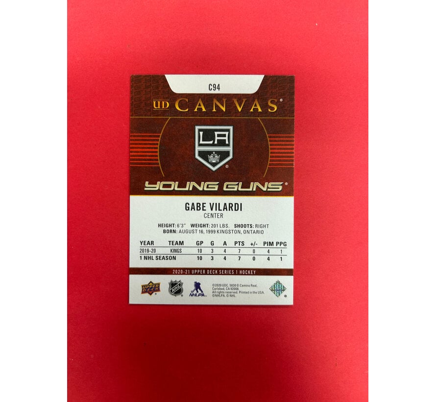 2020-21 UPPER DECK SERIES 1 GABE VILARDI YOUNG GUNS CANVAS AUTOGRAPHED IN PERSON