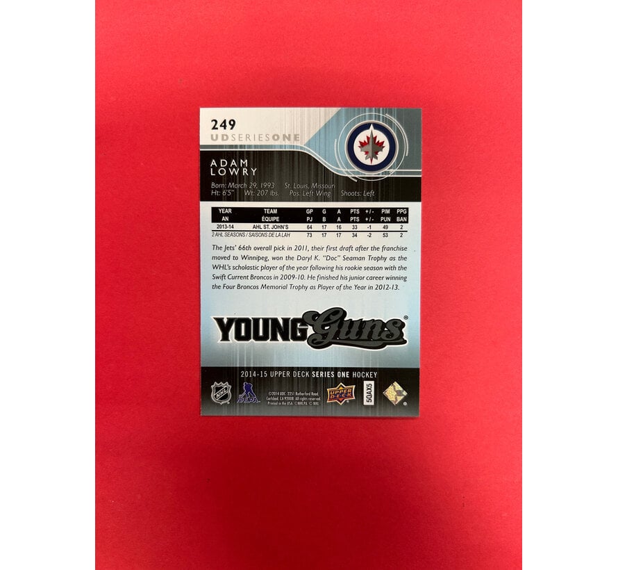 2014-25 UPPER DECK SERIES 1 ADAM LOWRY YOUNG GUNS AUTOGRAPHED IN PERSON