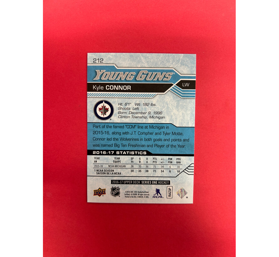 2016-17 UPPER DECK SERIES 1 KYLE CONNOR YOUNG GUNS AUTOGRAPHED IN PERSON INSCRIBED "LADY BYNG WINNER 2022"