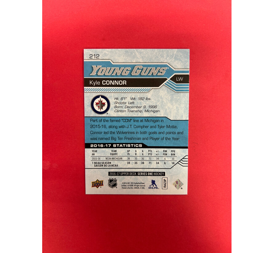 2016-17 UPPER DECK SERIES 1 KYLE CONNOR YOUNG GUNS AUTOGRAPHED IN PERSON INSCRIBED "GO JETS GO"