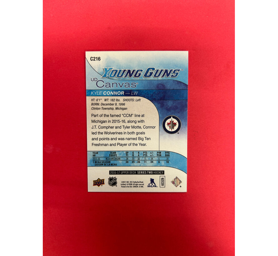 2016-17 UPPER DECK SERIES 2 KYLE CONNOR YOUNG GUNS CANVAS AUTOGRAPHED IN PERSON