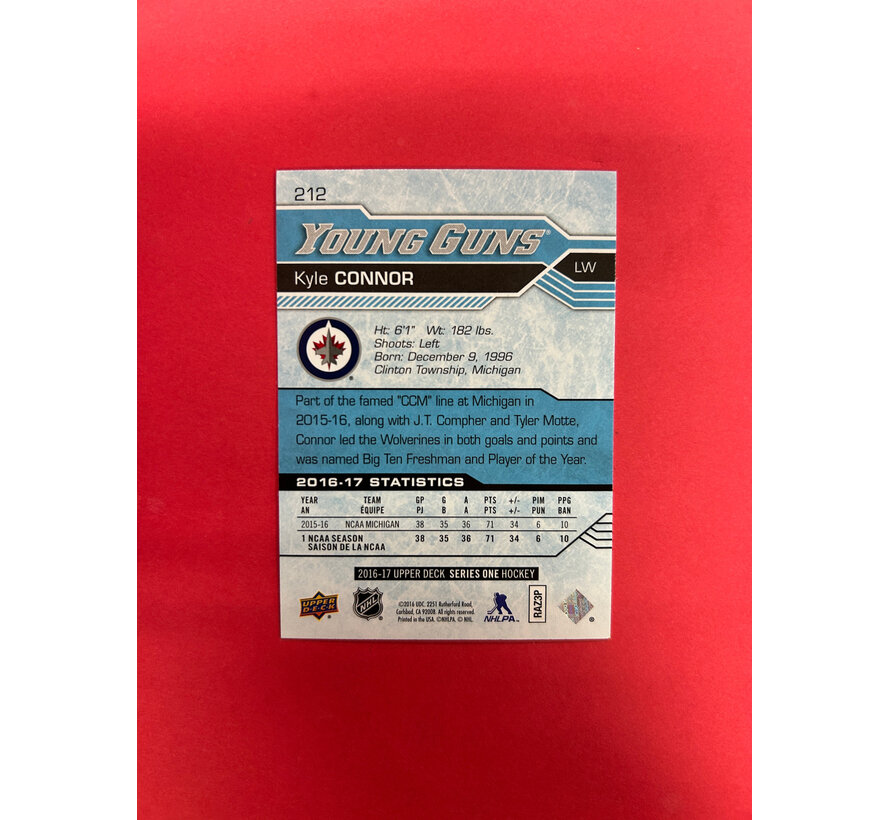 2016-17 UPPER DECK SERIES 1 KYLE CONNOR YOUNG GUNS AUTOGRAPHED IN PERSON