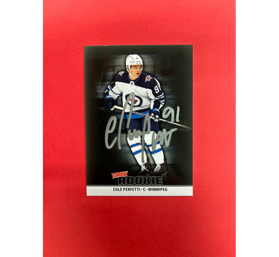 2022 UPPER DECK NATIONAL HOCKEY CARD DAY COLE PERFETTI VICTORY BLACK ROOKIE SSP AUTOGRAPHED IN PERSON SILVER INK