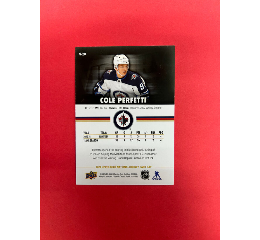 2022 UPPER DECK NATIONAL HOCKEY CARD DAY COLE PERFETTI VICTORY BLACK ROOKIE SSP AUTOGRAPHED IN PERSON SILVER INK