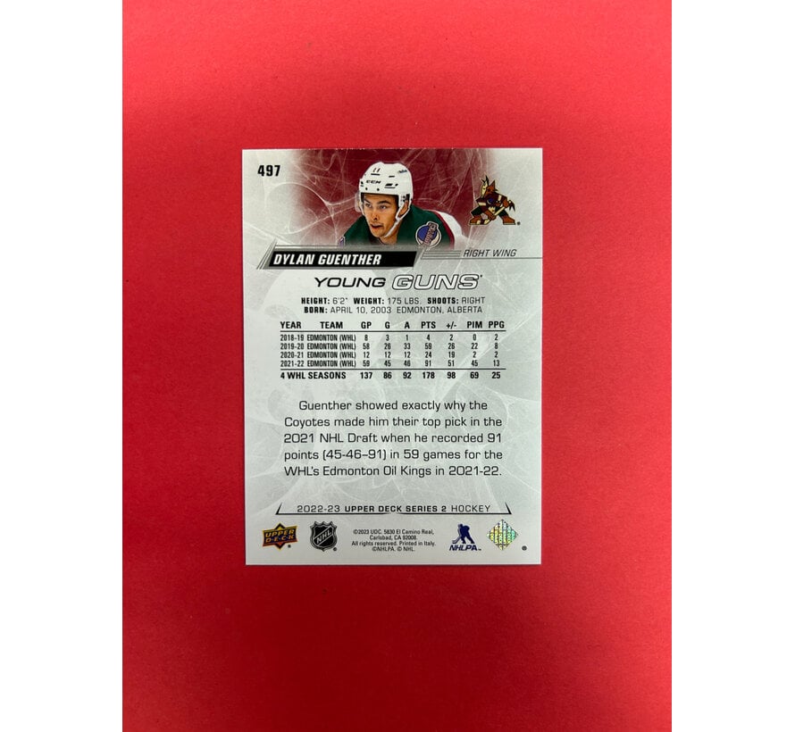 2022-23 UPPER DECK SERIES 2 DYLAN GUENTHER YOUNG GUNS AUTOGRAPHED IN PERSON