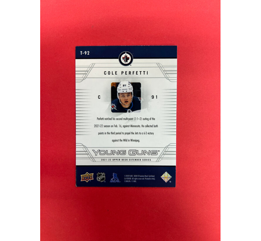 2021-22 UPPER DECK EXTENDED COLE PERFETTI YOUNG GUNS RETRO AUTOGRAPHED IN PERSON