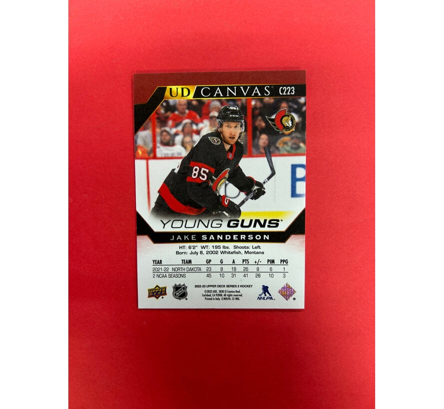 2022-23 UPPER DECK SERIES 2 JAKE SANDERSON YOUNG GUNS CANVAS AUTOGRAPHED IN PERSON