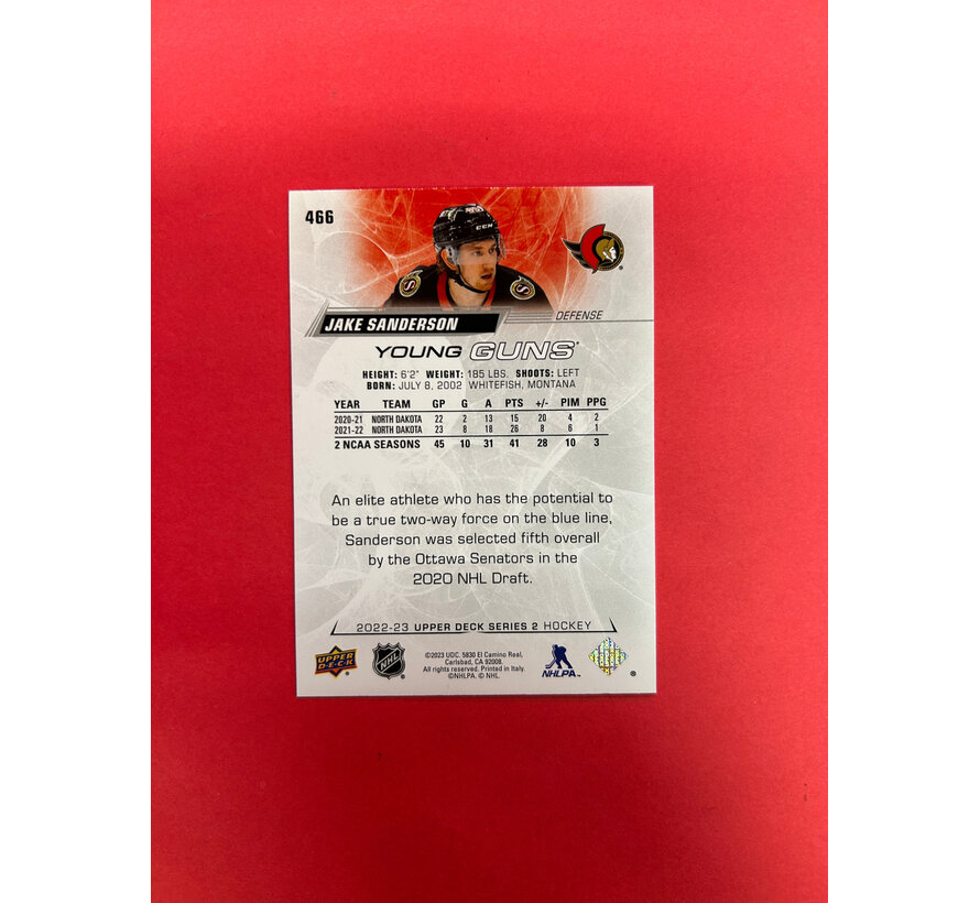 2022-23 UPPER DECK SERIES 2 JAKE SANDERSON YOUNG GUNS AUTOGRAPHED IN PERSON