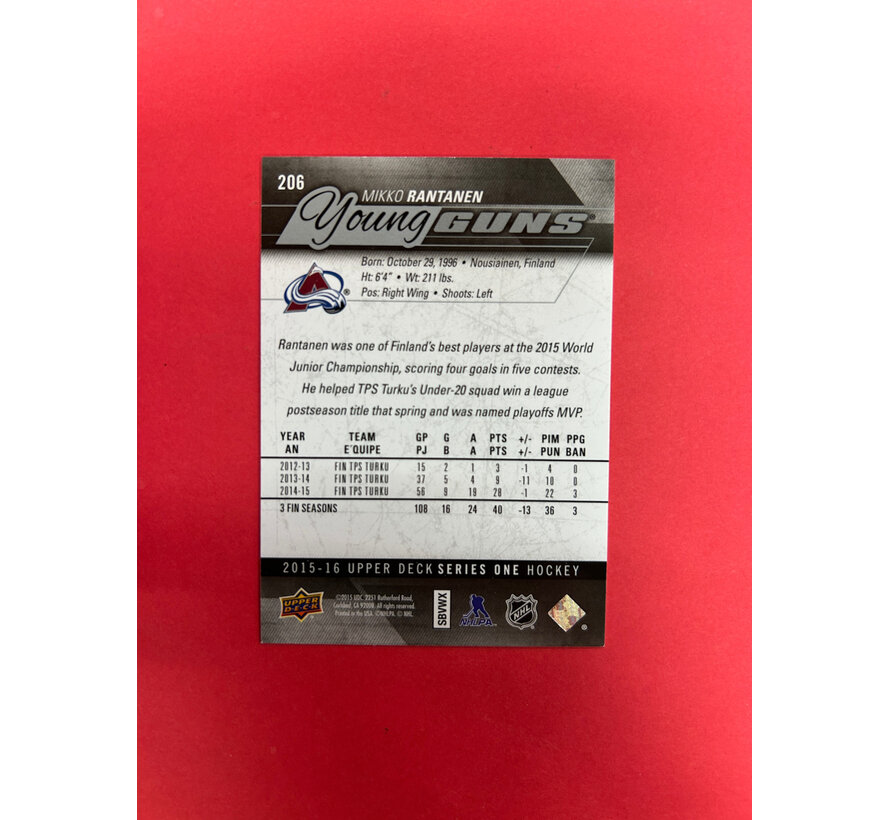 2015-16 UPPER DECK SERIES 1 MIKKO RANTANEN YOUNG GUNS AUTOGRAPHED IN PERSON