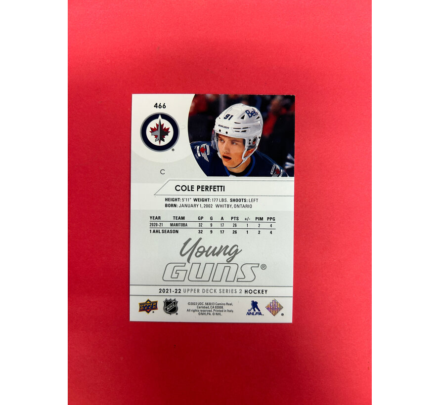 2021-22 UPPER DECK SERIES 2 COLE PERFETTI YOUNG GUNS AUTOGRAPHED IN PERSON