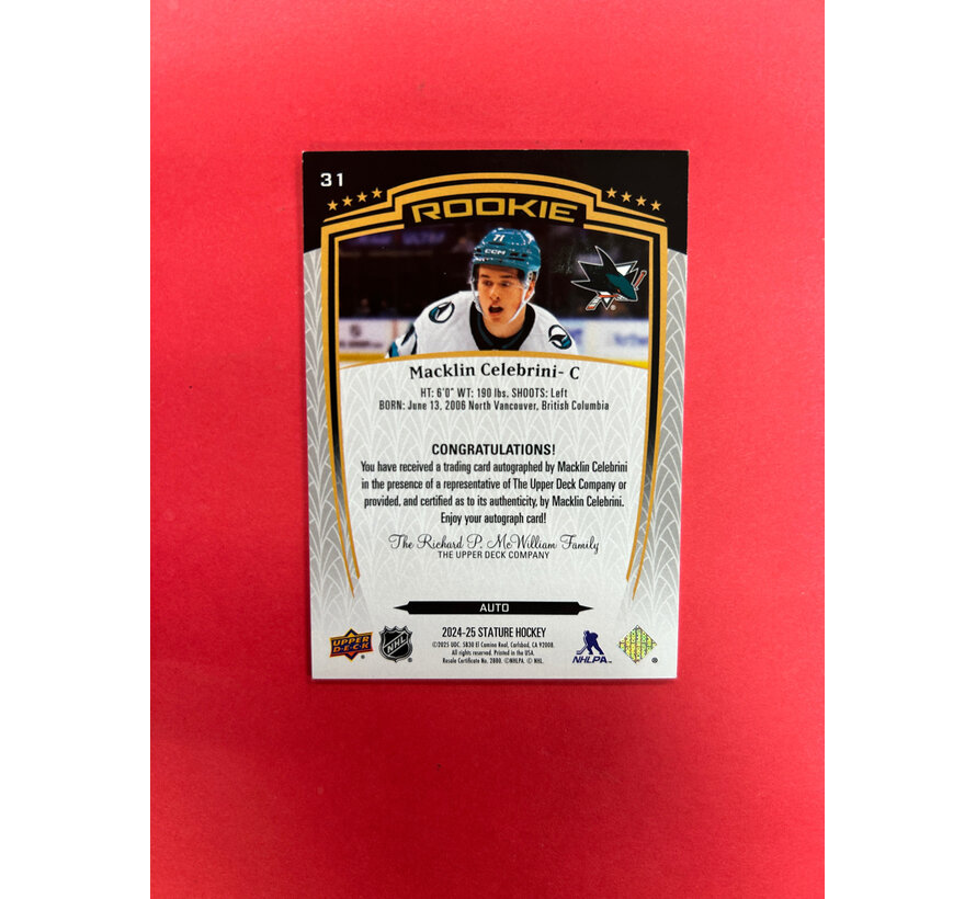 2024-25 UPPER DECK STATURE MACKLIN CELEBRINI AUTO ROOKIE