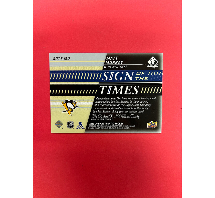 2019-20 SP AUTHENTIC MATT MURRAY SIGN OF THE TIMES BLACK INSCRIBED /49