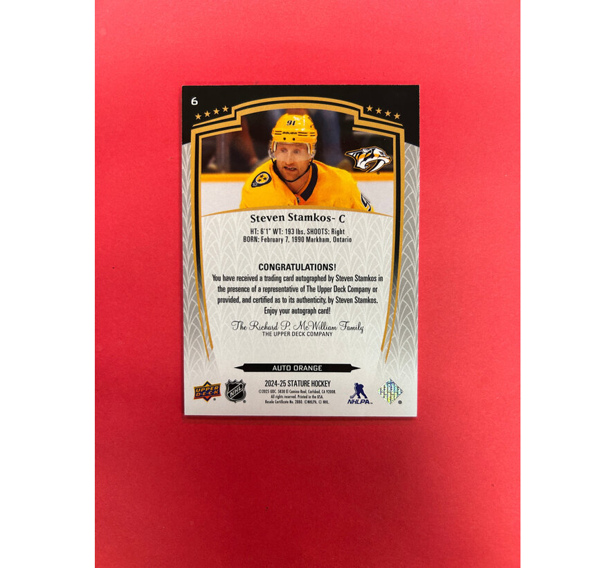 2024-25 UPPER DECK STATURE STEVEN STAMKOS ORANGE AUTO /50