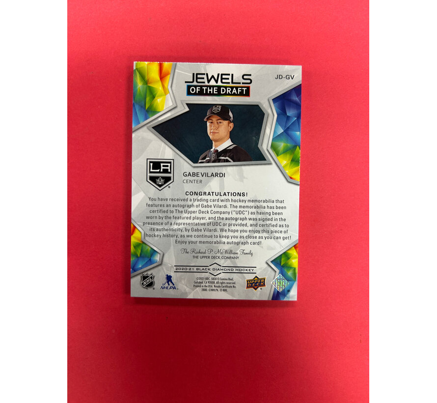 2020-21 UPPER DECK BLACK DIAMOND GABE VILARDI JEWELS OF THE DRAFT PATCH AUTO /99