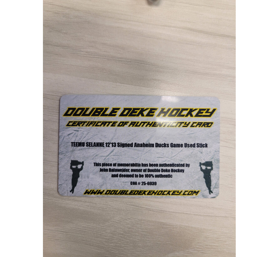 TEEMU SELANNE 2012-13 AUTOGRAPHED ANAHEIM DUCKS GAME USED STICK DOUBLE DEKE COA