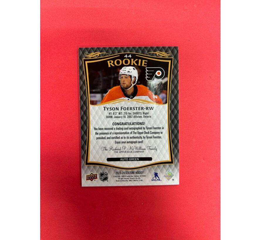 2023-24 UPPER DECK STATURE TYSON FOERSTER GREEN AUTO ROOKIE /199