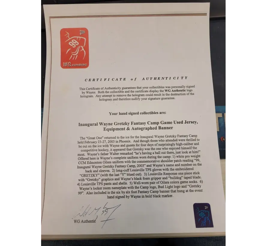 WAYNE GRETZKY INAUGURAL FANTASY CAMP AUTOGRAPHED BANNER WITH PHOTOCOPY OF WGA COA