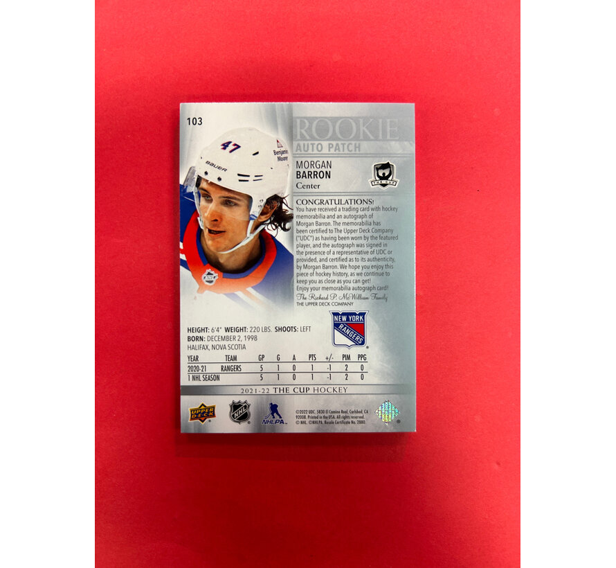 2021-22 UPPER DECK THE CUP MORGAN BARRON CUP ROOKIE PATH AUTO /249