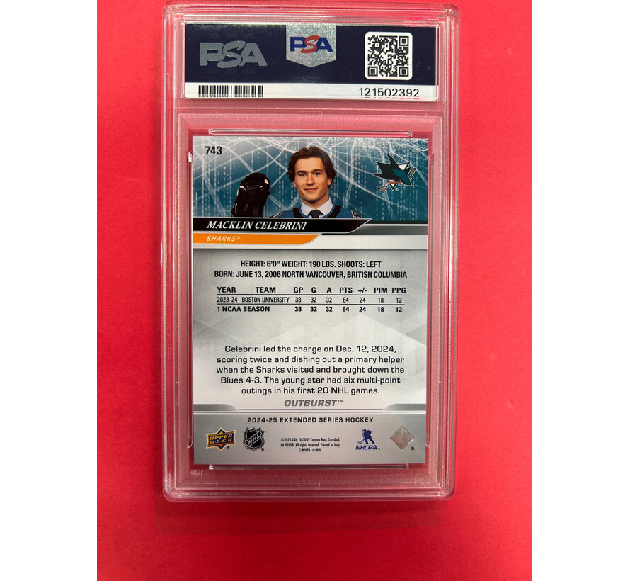 2024-25 UPPER DECK EXTENDED SERIES MACKLIN CELEBRINI OUTBURST DRAFT ROOKIE PSA GRADED 10